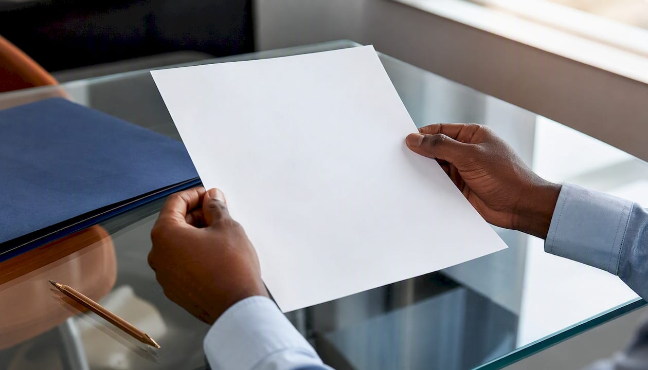Hands holding insurance certificate over desk
