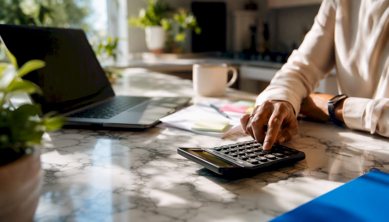 Hands calculating salary paperwork on desk