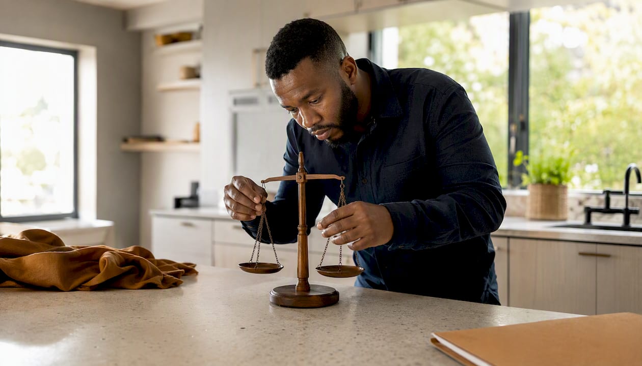 Hands balancing wooden scale on desk