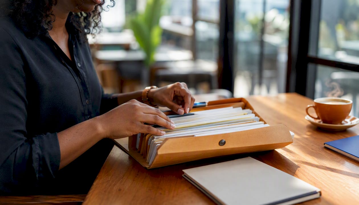 HR hands adjusting disciplinary file on desk