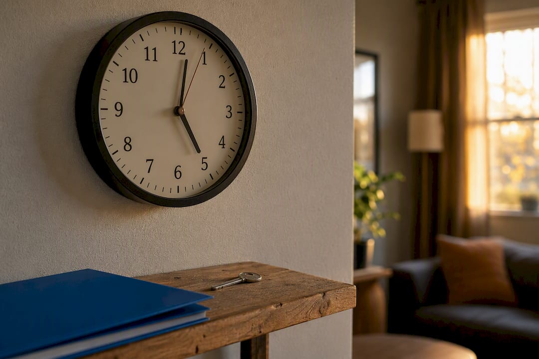 Close-up of clock with key and folder