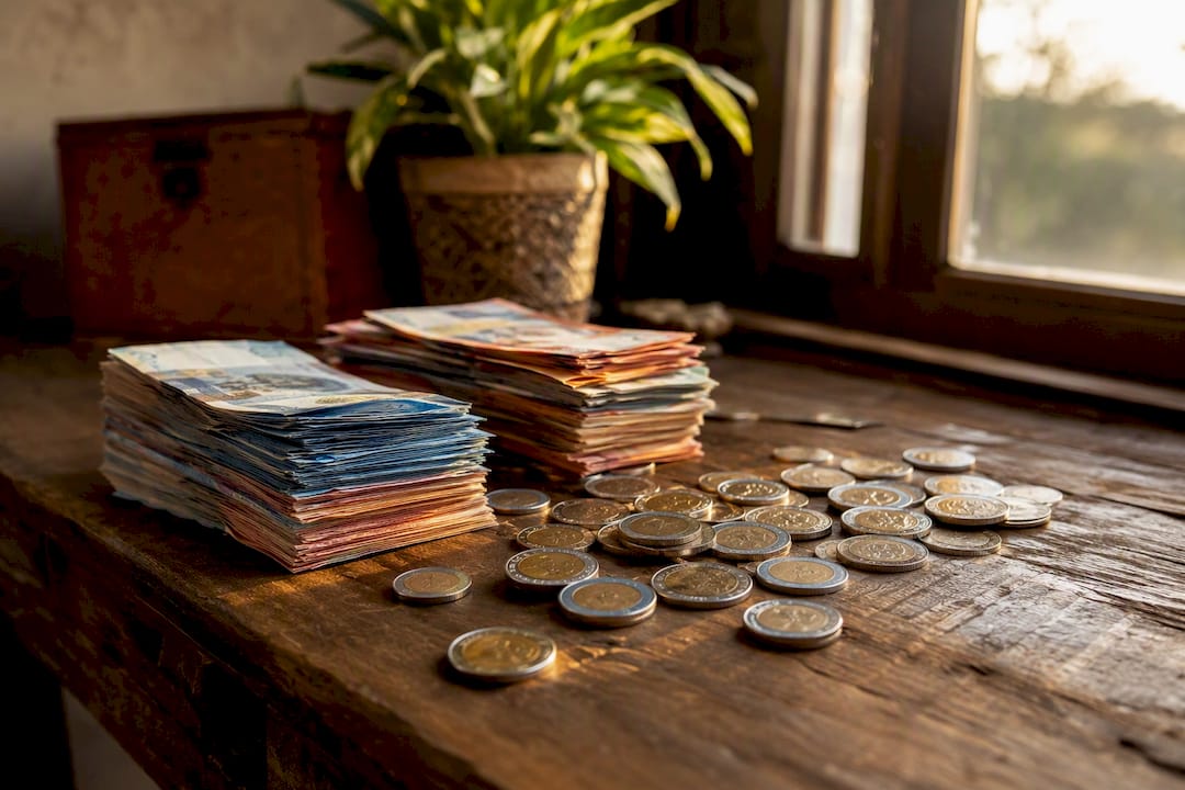 South African rand coins and banknotes on table