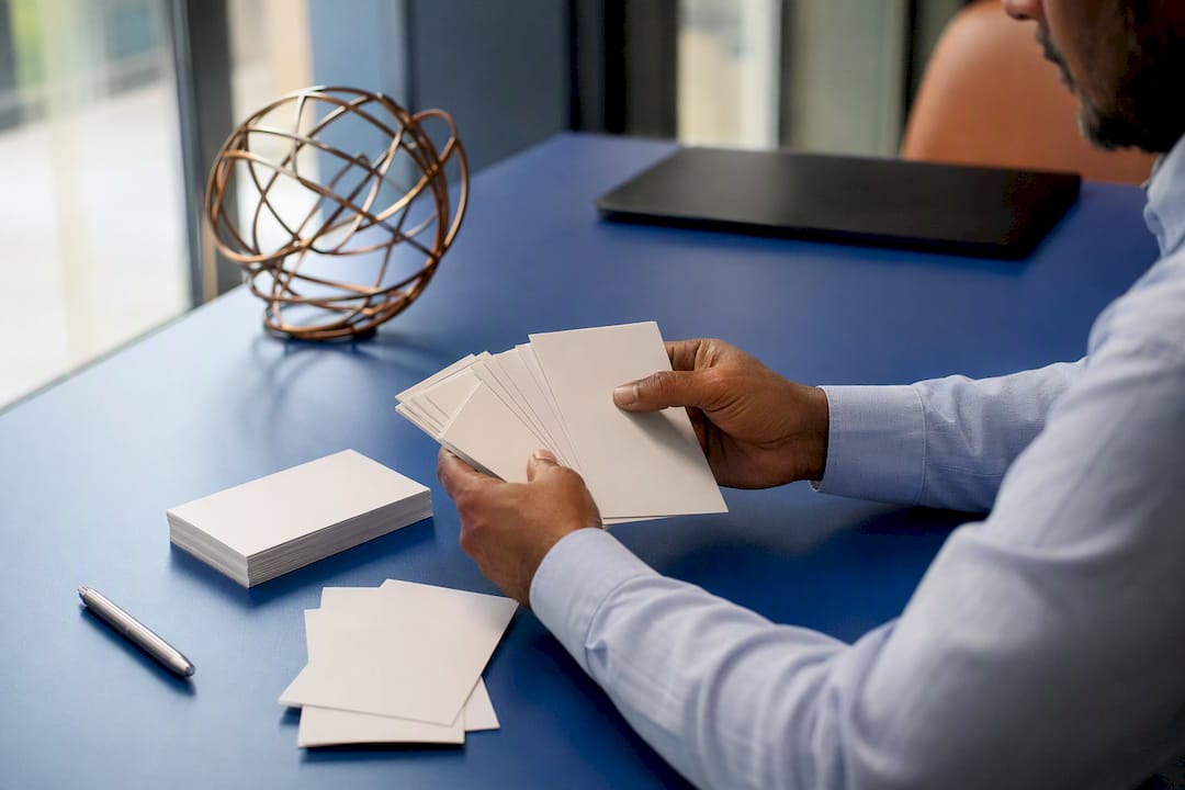 Hands arranging witness cards on table