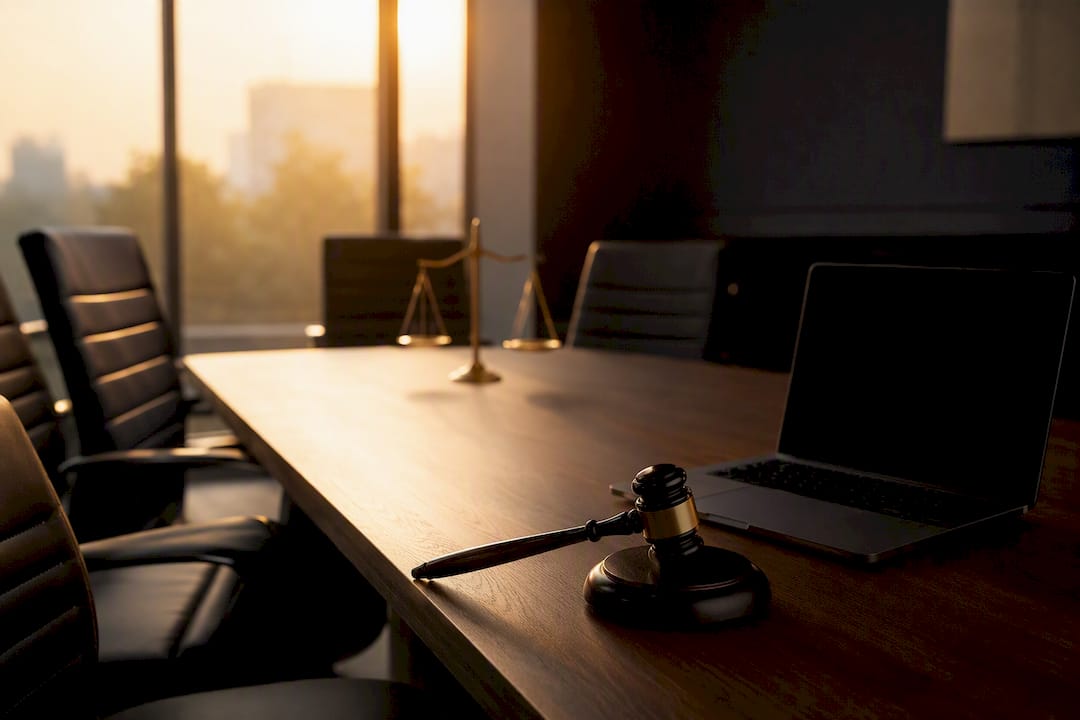 Arbitration hearing room with legal scale
