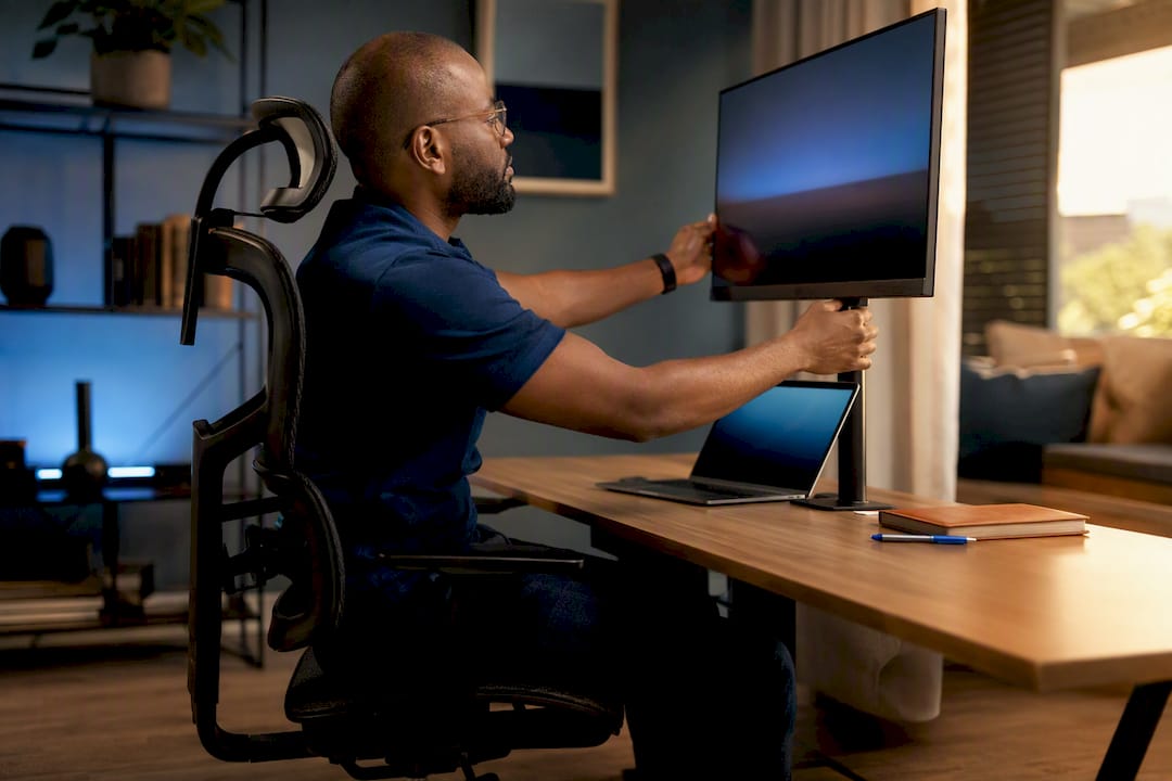 Employee arranging compliant home workspace