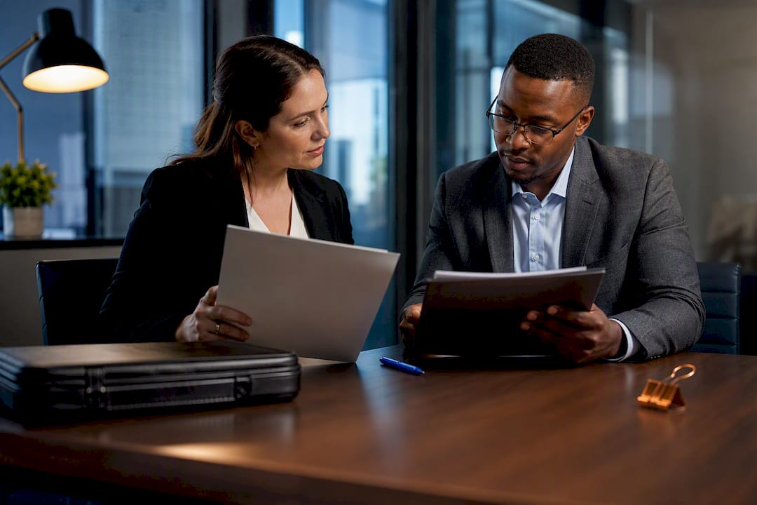 Payroll specialists reviewing a data agreement