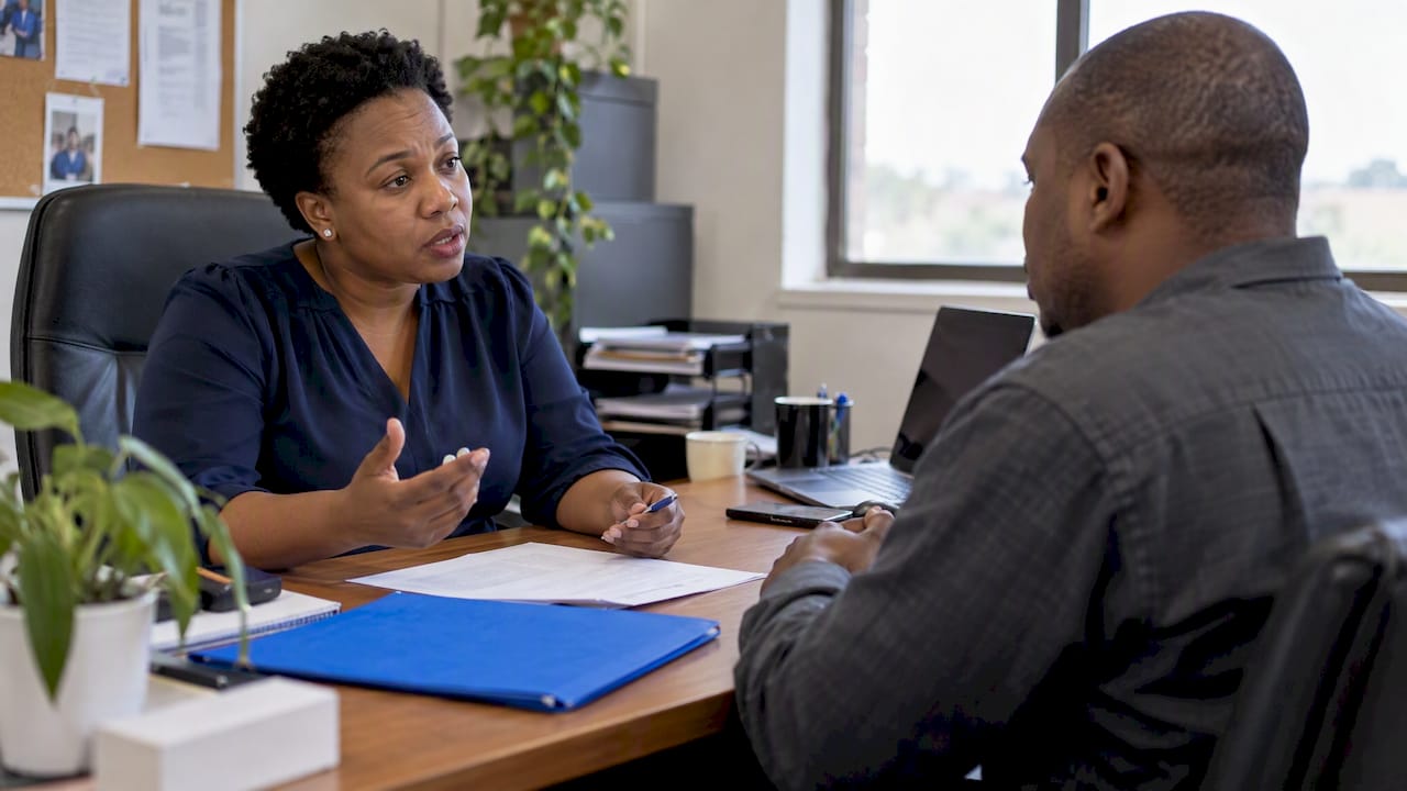 Manager and employee reviewing disciplinary warning