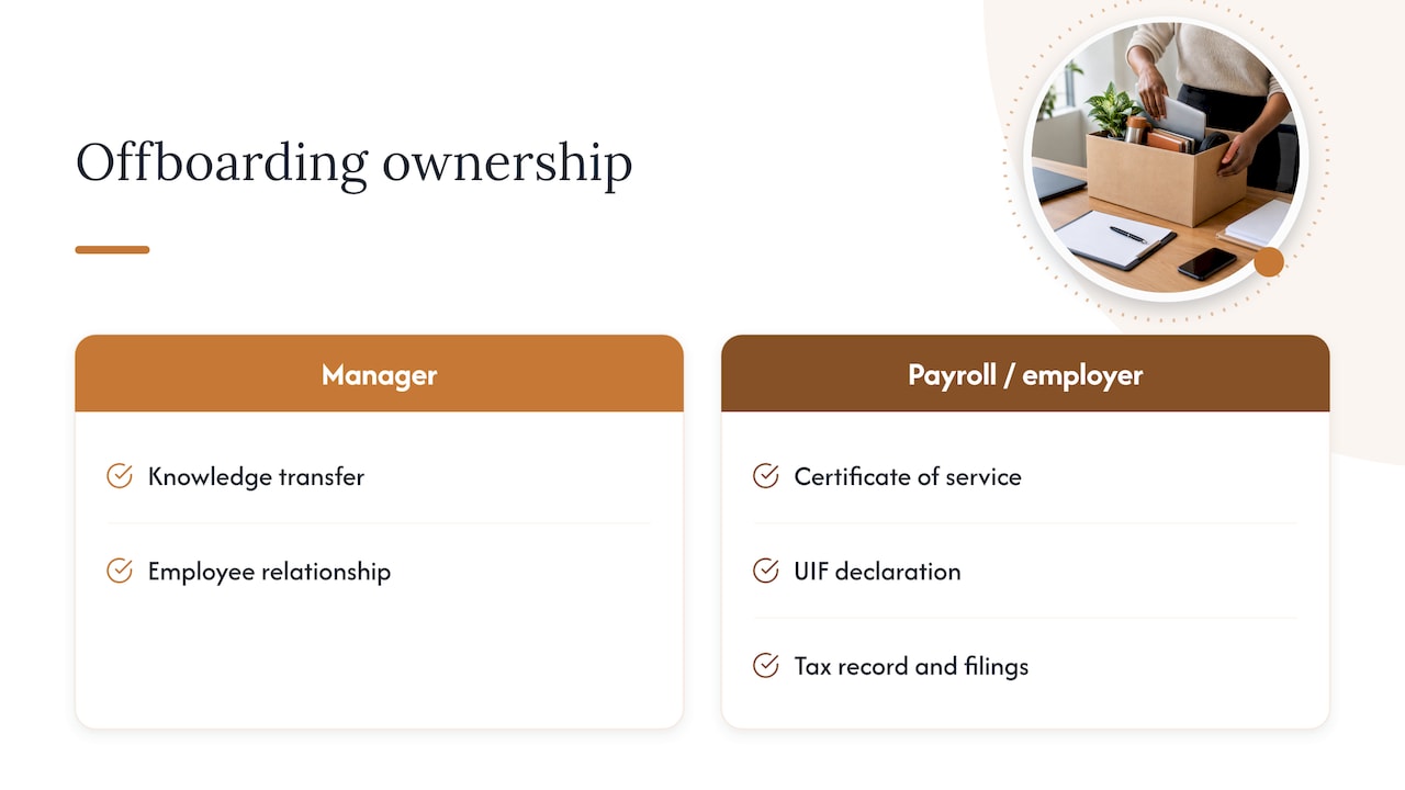 Offboarding duties split between manager and legal employer